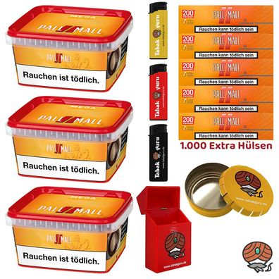 Pall Mall Mega Box Tabak 3x 145g, Allround Hülsen, Feuerz, Box, Aschenbecher