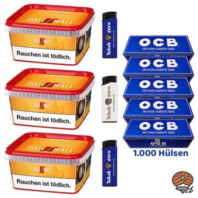 Pall Mall Allround Mega Box Tabak 3x 145g, OCB Hülsen, Feuerzeuge