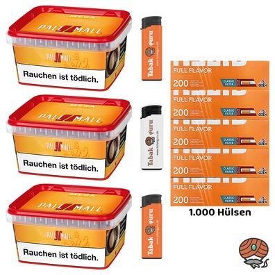 Pall Mall Allround Mega Box Tabak 3x 145g, Full Flavor Hülsen, Feuerzeuge