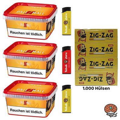 Pall Mall Allround Mega Box Tabak 3x 145g, Zig Zag Hülsen, Feuerzeuge