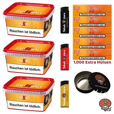 Pall Mall Allround Mega Box Tabak 3x 145g, Xtra Hülsen, Feuerzeuge, Ascher
