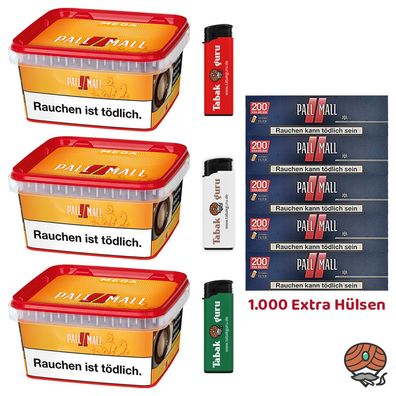 Pall Mall Allround Mega Box Tabak 3x 145g, Pall Mall Hülsen, Feuerzeuge