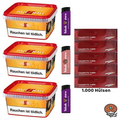 Pall Mall Allround Mega Box Tabak 3x 145g, 1000 King-Size Hülsen, Feuerzeuge