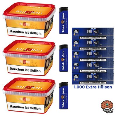 Pall Mall Allround Tabak Mega Box 3x 145g, Blue Xtra Hülsen, Feuerzeuge
