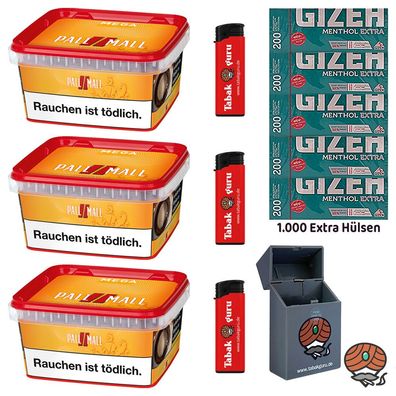 Pall Mall Allround Mega Box 3x 145g Tabak, Gizeh Menth. Extra Hülsen, Feuerzeuge