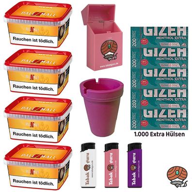 Pall Mall Allround Tabak Mega Box 4x 145g, Gizeh Menth. Extra Hülsen, Feuerzeug