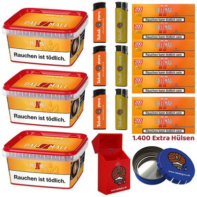 Pall Mall Allround Volumentabak Mega Box 3x 145g, 1400 Xtra Hülsen, Zubehör