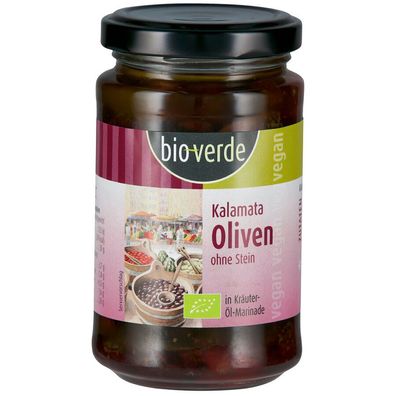 3x bio-verde Schwarze Kalamata-Oliven ohne Stein mit frischen Kräutern in Öl-Mari