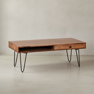 Couchtisch BALU Massivholz mit Metallfüßen und Schubfächern 110x60x40 cm