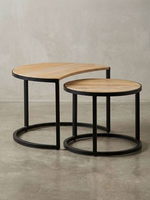 Couchtisch 2er Set ESINO Mango Massivholz Metall Industrie-Stil handgefertigt rund