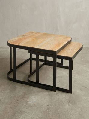 Beistelltisch-Set TIMAVO 2 Tische Mango-Massivholz Eisen Industrie-Stil 60x60x40 cm