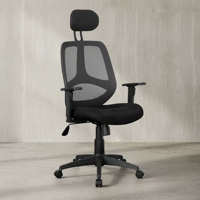 Bürodrehstuhl Schwarz Netz, verstellbare Kopfstütze & Armlehnen, 120 kg Belastbarkeit
