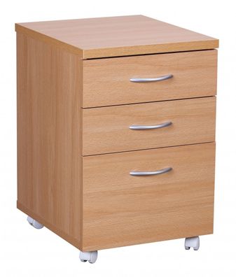 Rollcontainer - Buche, 60cm hoch, 3 Schubladen, Aluminiumgriffe, Rollen