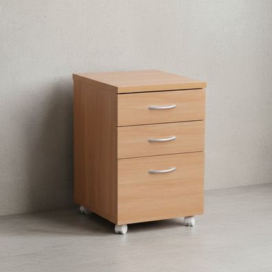 Rollcontainer - Buche, 60cm hoch, 3 Schubladen, Aluminiumgriffe, Rollen