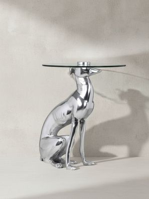 Beistelltisch - Aluminium Glas Silber Skulptur Windhund 55x40cm handgefertigt