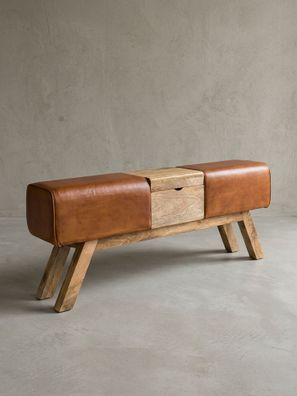 Sitzbank - Echtleder/Holz, 120cm, Retro-Stil, mit Stauraum