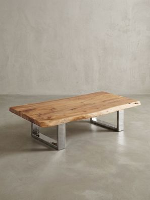 Couchtisch Akazienholz Massiv, Baumkanten Design, Landhausstil, Metallbeine Stabil