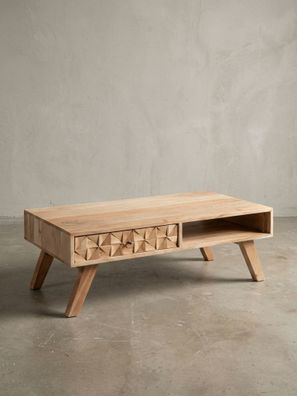 Couchtisch Landhausstil Massivholz mit Schublade und Ablagefach, Maße 95x35x50cm