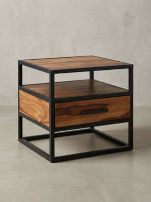 Nachttisch - Massivholz/Stahl, mit Stauraum, Industrial-Stil