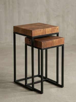 Beistelltisch Set - 2-teilig Massivholz Metall handgefertigt Industrial