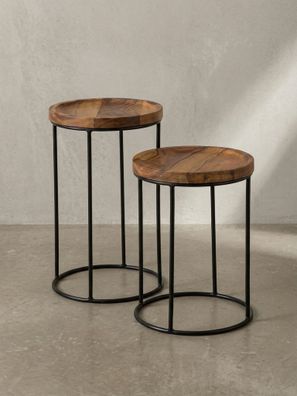 Beistelltisch Set - Massivholz Metall Braun Schwarz 2-teilig Industrial