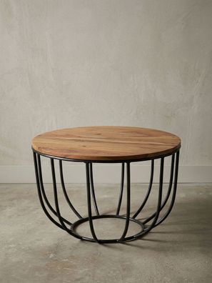 Couchtisch Industrial-Stil, Sheesham Massivholz, Metallgestell, Korbdesign, rustikal