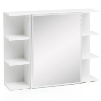 Hängeschrank Weiß aus Spanplatte mit Spiegel und seitlichen Ablagen 80x64,5x20 cm