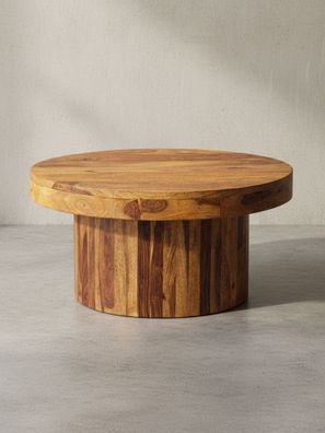 Couchtisch Massivholz Sheesham, Braun, lackiert, Sockelfuß, 60x60x30cm