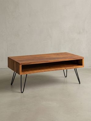 Couchtisch Sheeshamholz Schwarz, Pulverbeschichtet mit Ablagefach, Maße 100x40x50cm
