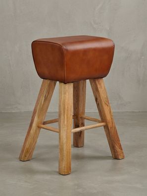 Barhocker Ziegenleder Mango Massivholz 43x75x43cm Turnbock-Design Dunkelbraun