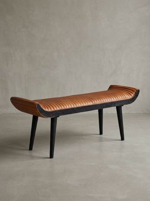 Sitzbank - Echtleder, 125x51x38cm, Nietenrand, Massivholzbeine