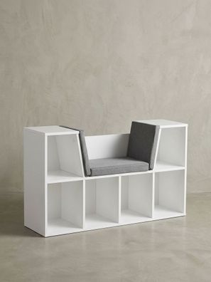 Schuhbank - Weiß matt, 101,5x61,5x30cm, Sitzfläche Grau, 6 Fächer