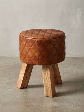 Sitzhocker - Holz/Leder, 46cm, Rautenmuster, Braun