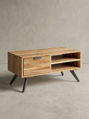 Couchtisch Massivholz und Metall, Modernes Design, Großer Stauraum, Robuste Beine