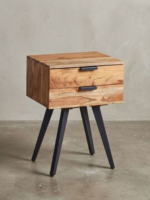 Nachttisch - Akazie Massivholz, Industrial-Stil, handmade, braun/grau