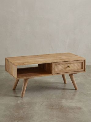 Couchtisch Mango-Massivholz 90x45x40 cm mit Schublade, Staufach und Eisengriffen