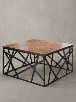 Couchtisch Industrial Stil, Sheesham Holz, Schwarzes Metallgestell, 60x60cm