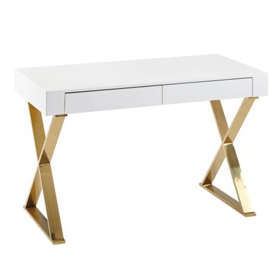 Schreibtisch - Weiß Hochglanz, goldene Beine, 2 Schubladen, modern