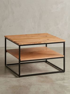 Couchtisch Industrial Akazienholz & Metallbeine platzsparend 2 Ablagen handgefertigt