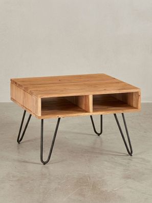 Couchtisch aus massivem Akazienholz mit Metallgestell und Stauraum im modernen Design