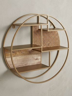 Wandregal Rattan Massivholz Metall Industrial Stil mit 5 Ablagen