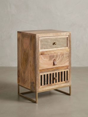Nachttisch - Mango Massivholz/Rattan, 3 Schubladen, für Boxspringbett