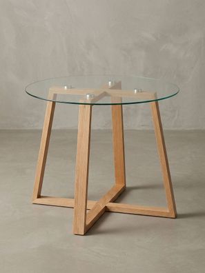 Couchtisch Eiche massiv mit Glasplatte, modernes Design, überkreuztes Gestell