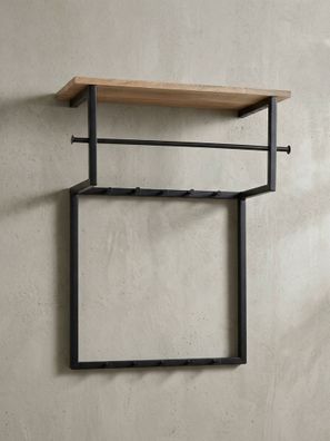 Wandgarderobe Massivholz Metall Modern mit 10 Haken, Kleiderstange und Ablage