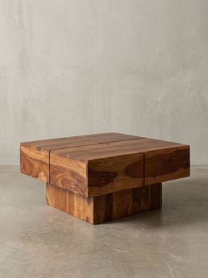 Couchtisch Sheesham Massivholz, Rillenmuster, modern, 57,5x57,5x30cm, quadratisch