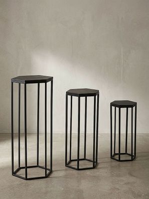 Beistelltische 3er Set Massivholz und Metall in Hexagon-Form