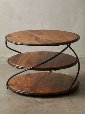 Couchtisch Sheesham Massivholz, 3 Ablagen, außergewöhnliches Design, 58x58cm