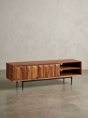 Lowboard Massivholz, modern, für 55" TV, Push-to-Open, Edelstahlbeine