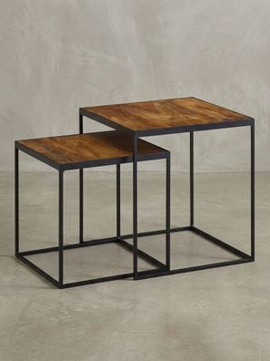 Beistelltisch Set - 2-teilig Mango Massivholz Metall Braun Schwarz Industrial