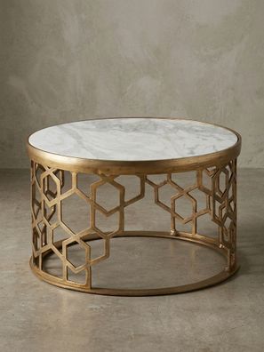 Couchtisch Weiß Marmor und Metall, Rund, Maße 60x60x36cm, Modernes Design